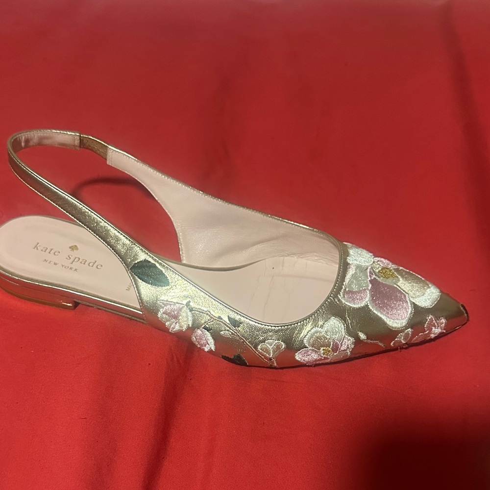 kate spade Gold Floral Embroidered Slingback Flat